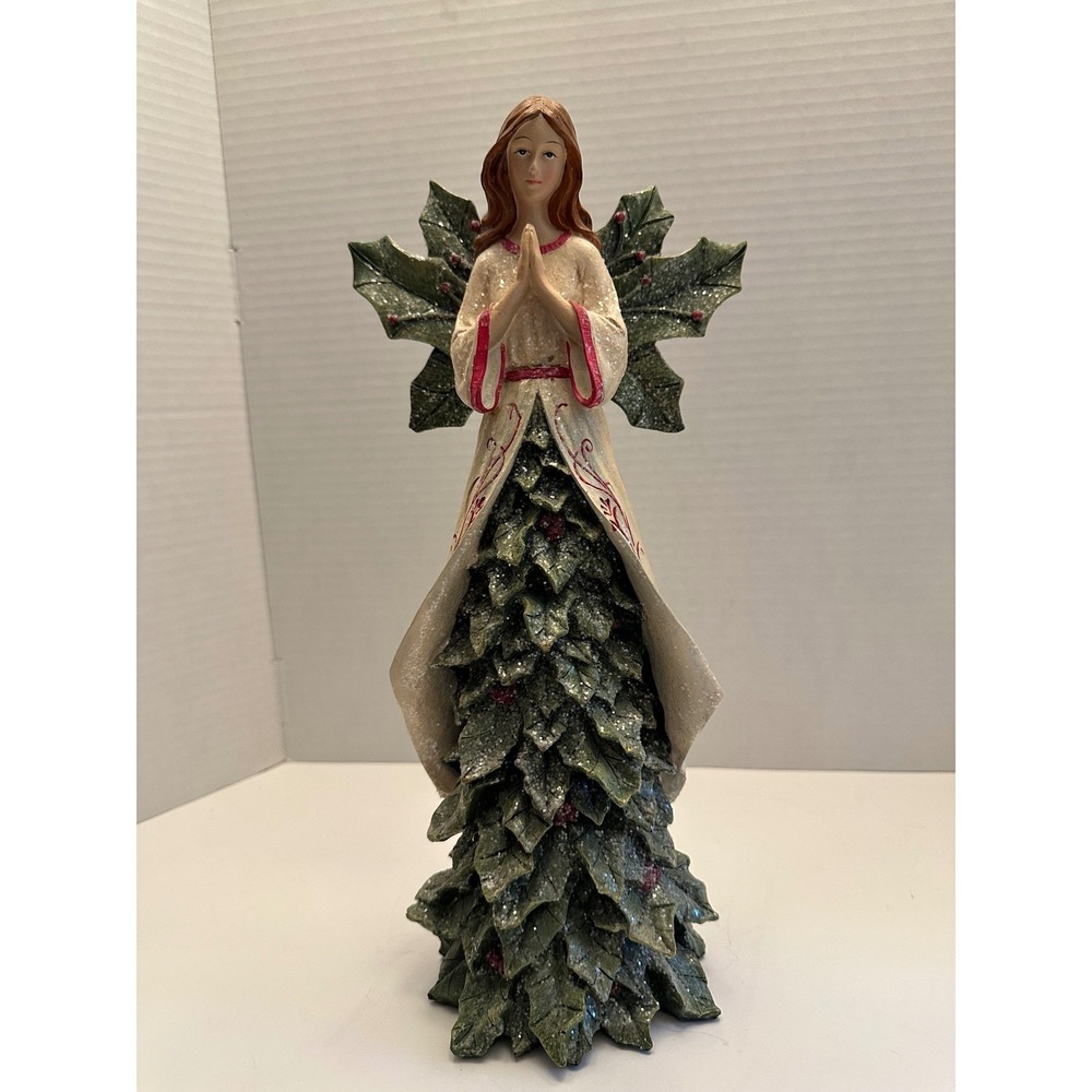 Christmas Angel Figurine Holly Wings Evergreen Tree Base Resin Holiday‎ Decor
